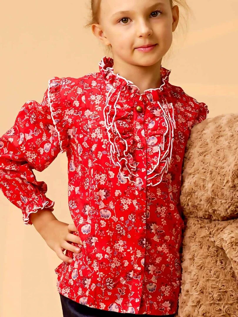 Blouse Hiver Fille  Fleurie Rouge  Col à Volants  LILI ROSE   'LA FAUTE A VOLTAIRE'   Rouge