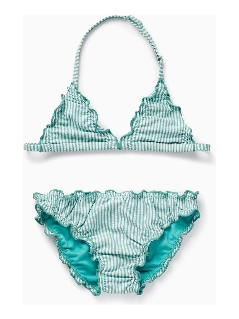 Bikini à Rayures et à Volants pour Fille Vert