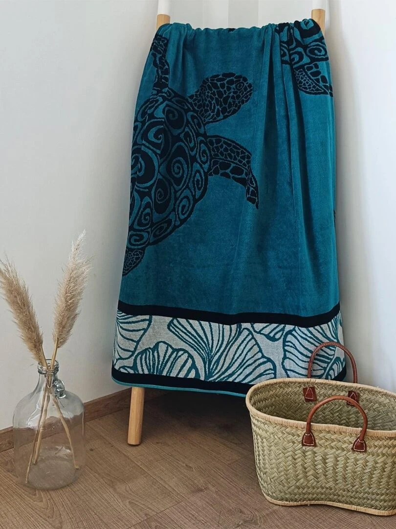 Serviette de plage éponge velours Jacquard Mallorca 140x180 400g/m² Bleu canard