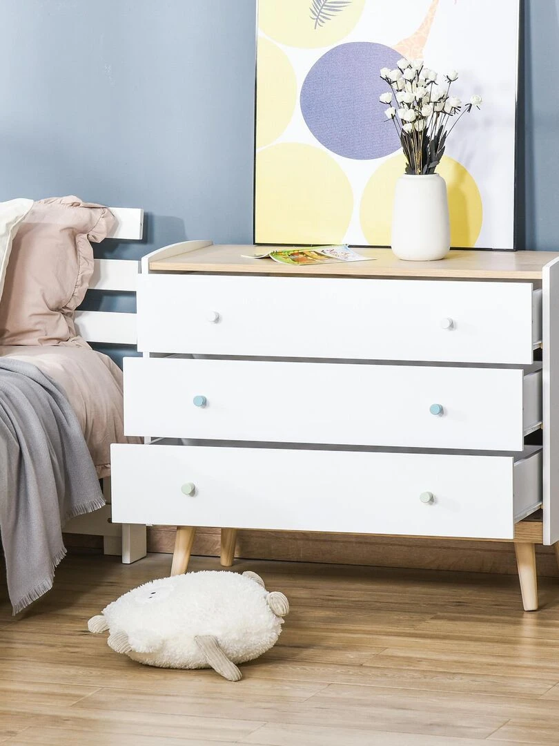 Commode 3 tiroirs design scandinave blanc aspect chêne clair   Blanc