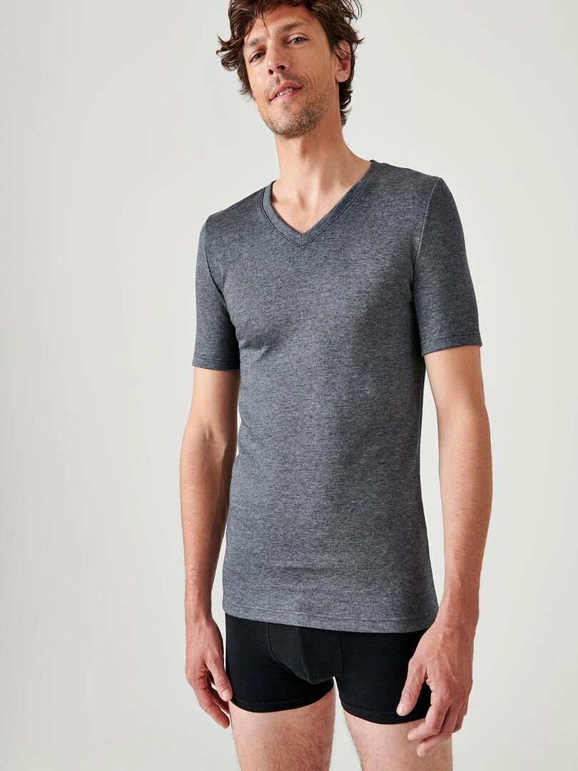 T shirt double face col V Thermolactyl Damart Gris