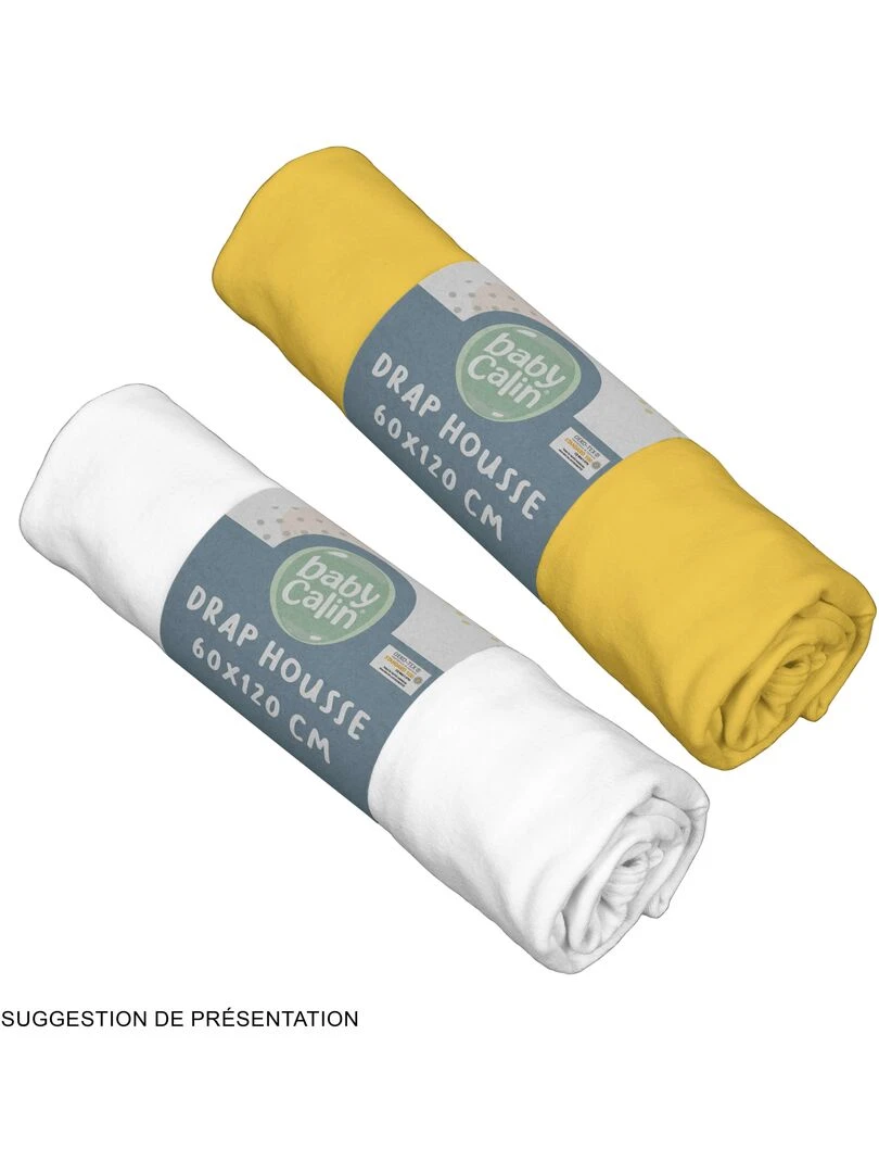 Lot de 2 draps housses unis 60x120 cm Moutarde/Blanc Jaune