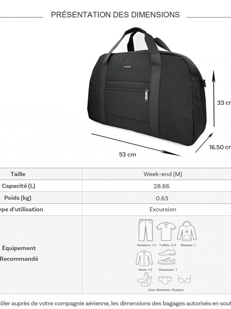 Sac de voyage week end 28L polyester sans roulettes Noir