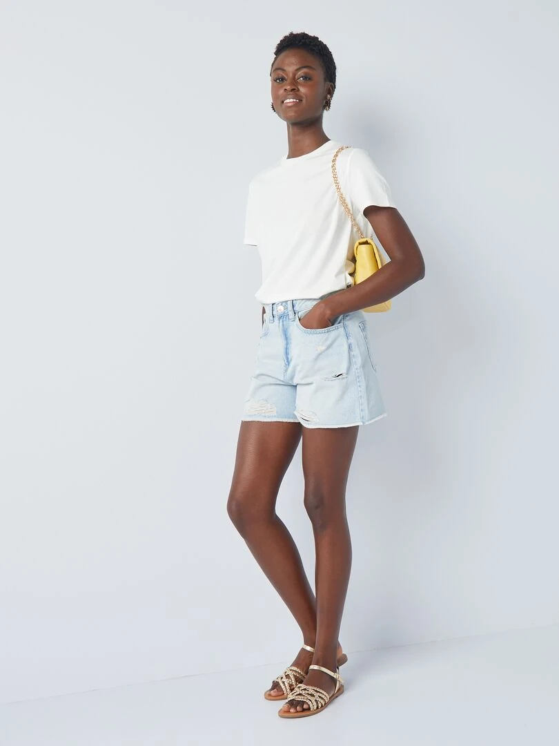 Short taille haute à abrasions   Bleu clair