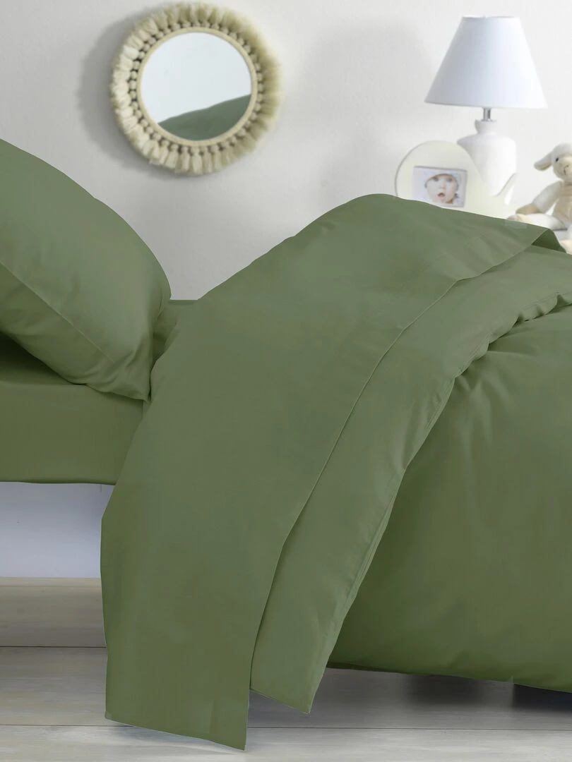 Parure de lit housse de couette 100x140 cm + taie 40x60 cm Coton Bio 'P'tit Basile' Vert kaki