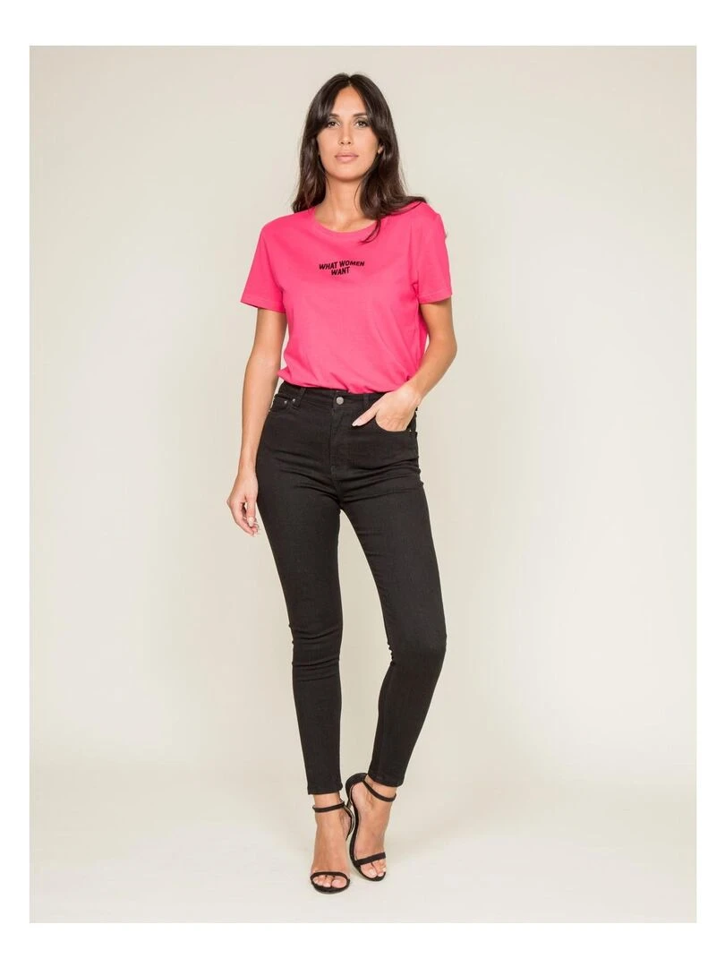T shirt col rond message FOMEREY   Rose fushia