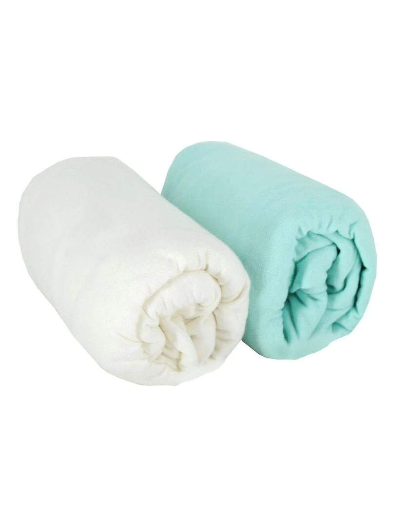 Lot de 2 draps housse en coton 60x120 cm Blanc + turquoise   Blanc Bleu