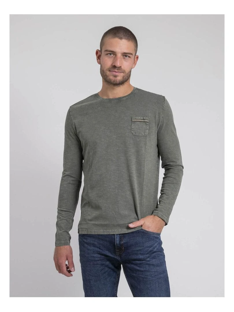 T shirt manches longues col rond pur coton JABITAL Kaki