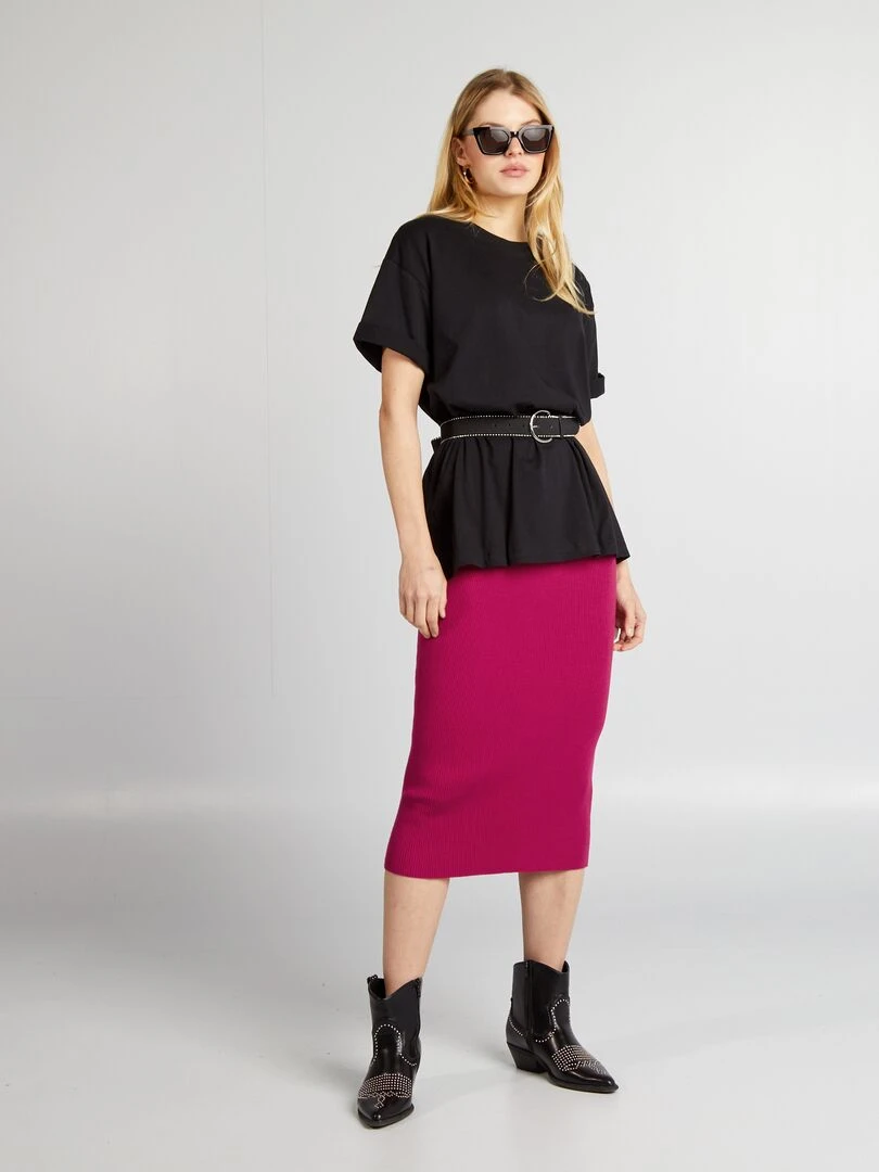 Robe tube midi en maille côtelée Bordeaux