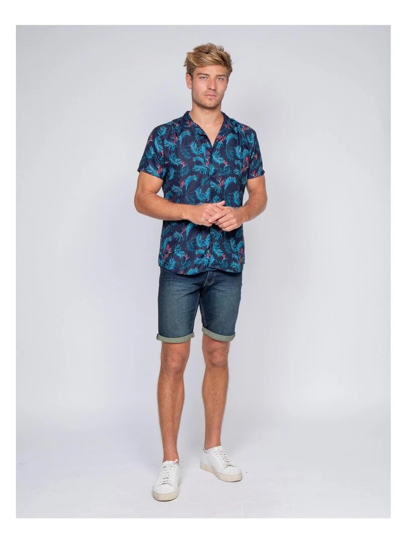 Chemise manches courtes fluide motifs DEVOLU   Bleu marine