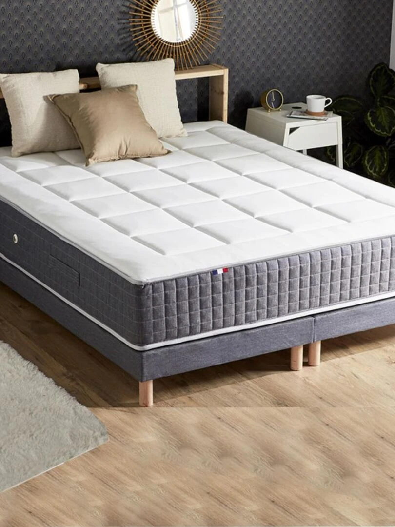 Ensemble Matelas Ressort 7 zones + Mémoire de forme + Sommier KING STYLE Fabriqué en France Blanc Bleu