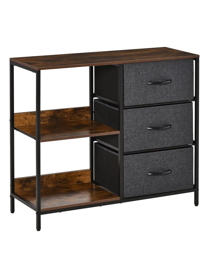 Commode design 3 tiroirs 2 étagères métal MDF non tissé Marron