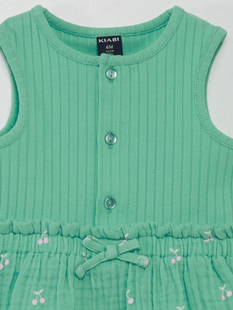 Robe en double gaze de coton et côtelée   Vert