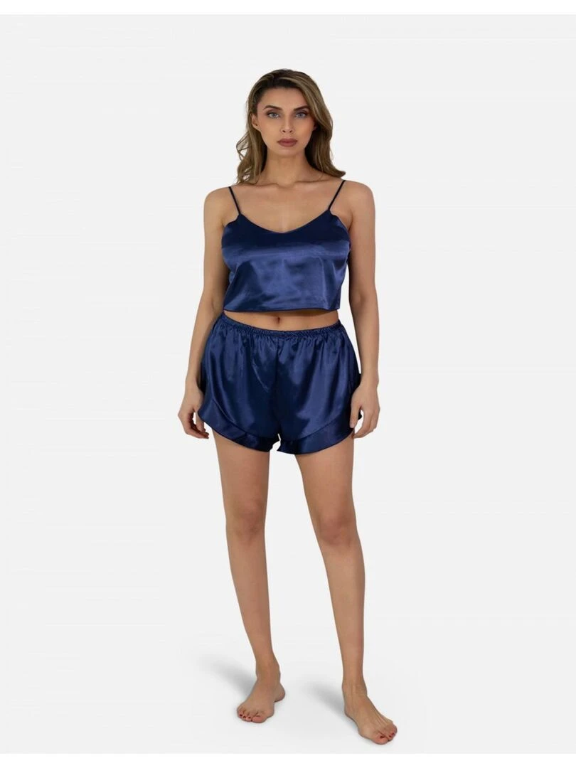Ensemble Pyjashort fluide en satin Kebello   Bleu