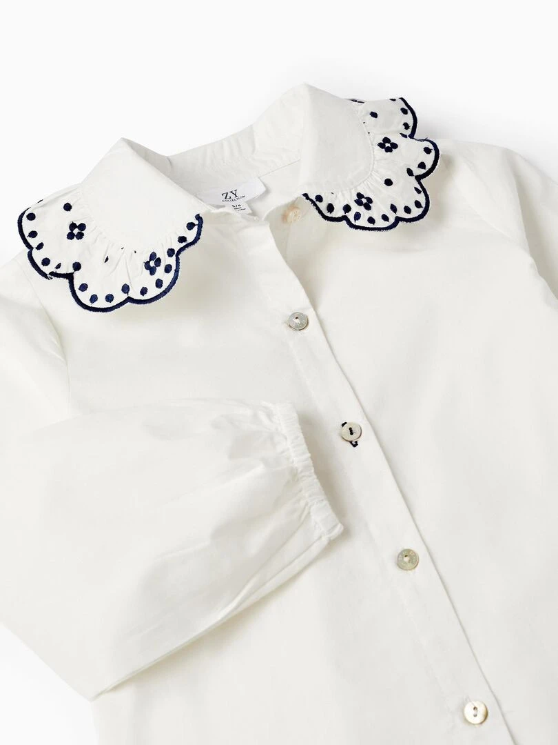 Blouse en coton avec volants et broderies pour fille manches longues SPRING BEGINS   Blanc