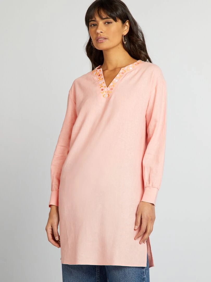 Blouse longue en lin avec col tunisien Rose
