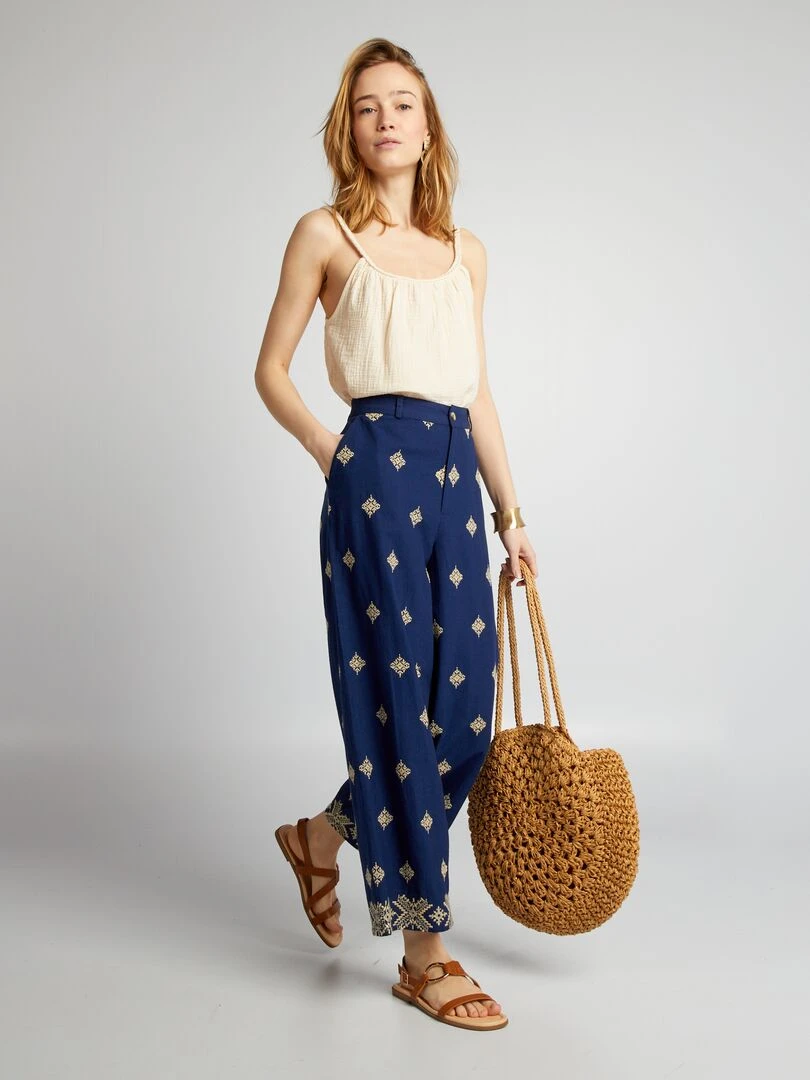 Top en gaze de coton à bretelles tressées Beige