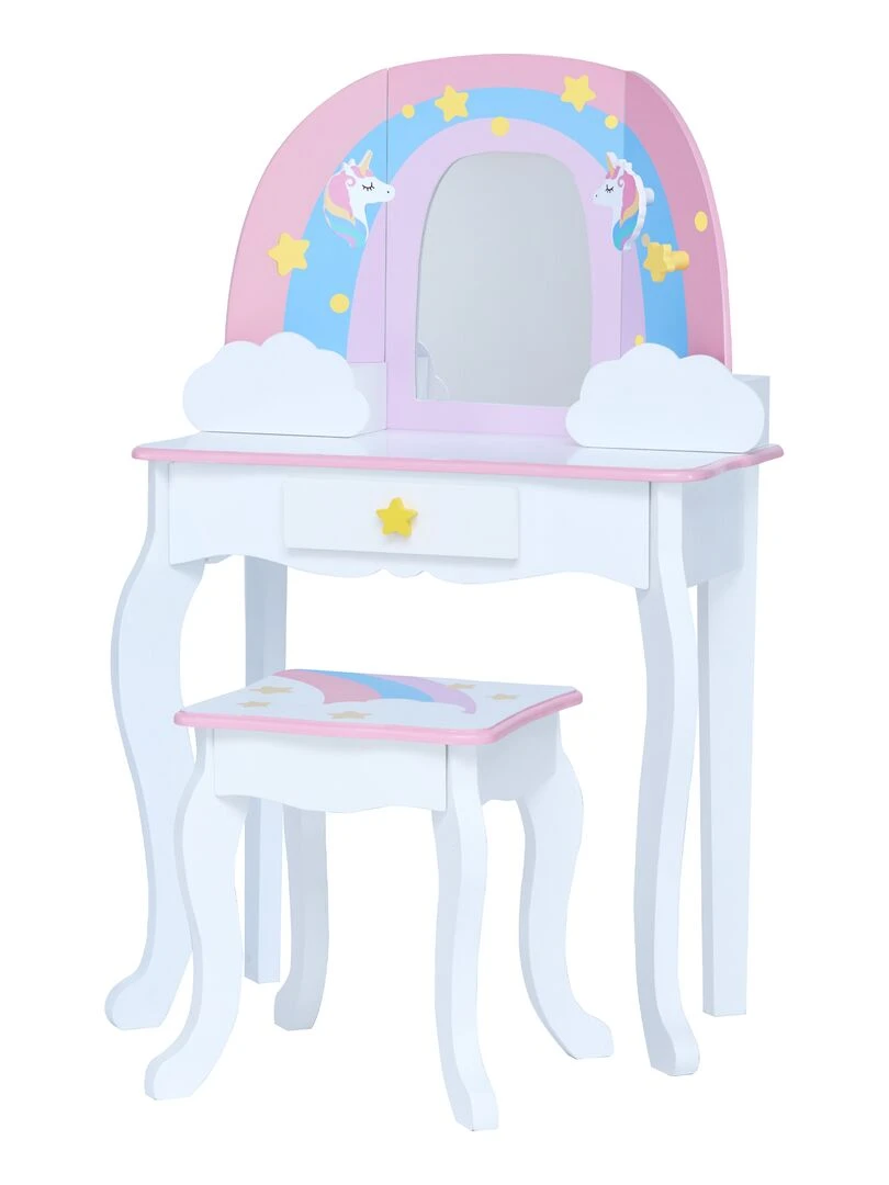 Fantasy Fields Par Teamson Kids Coiffeuse Enfant Table De Maquillage Arc En Ciel & Licorne Blanc