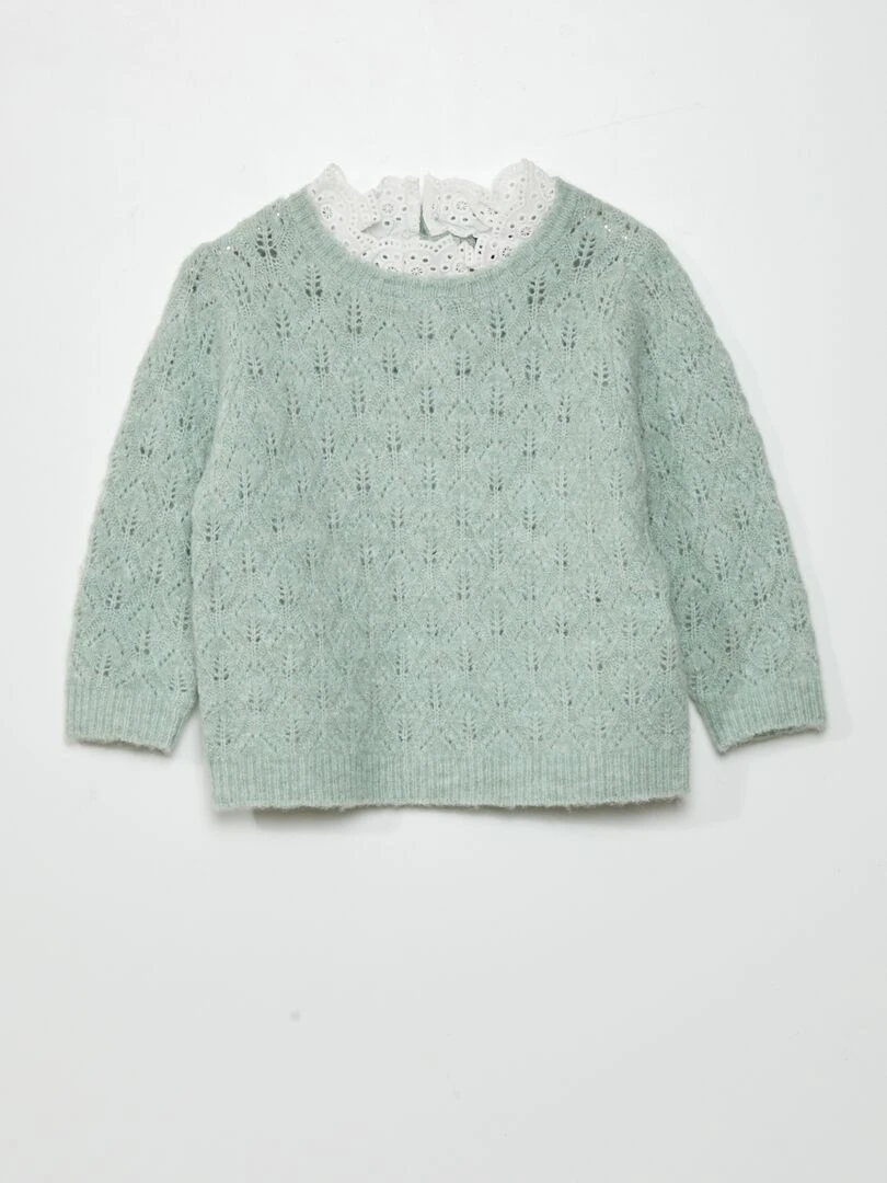 Pull en maille ajourée + broderie anglaise Vert