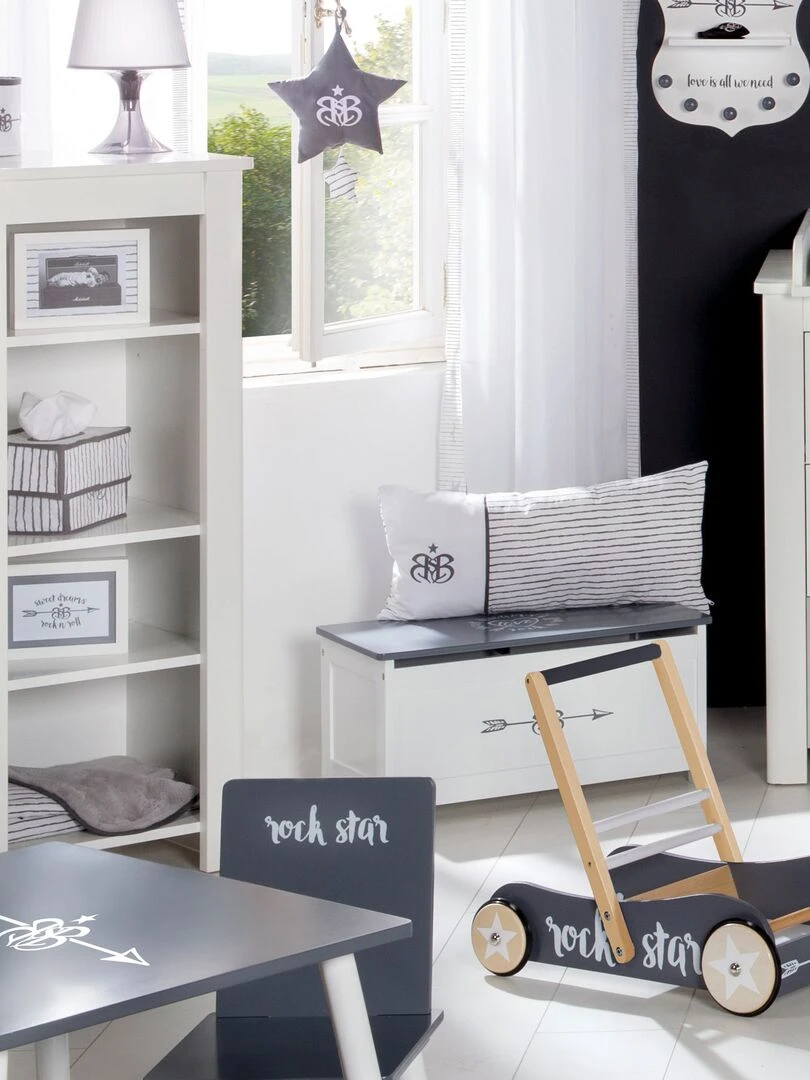 ROBA Banc Coffre à Jouets "Rock Star Baby" en Bois pour Enfant   Fermeture Douce   Blanc/Gris   Gris Blanc