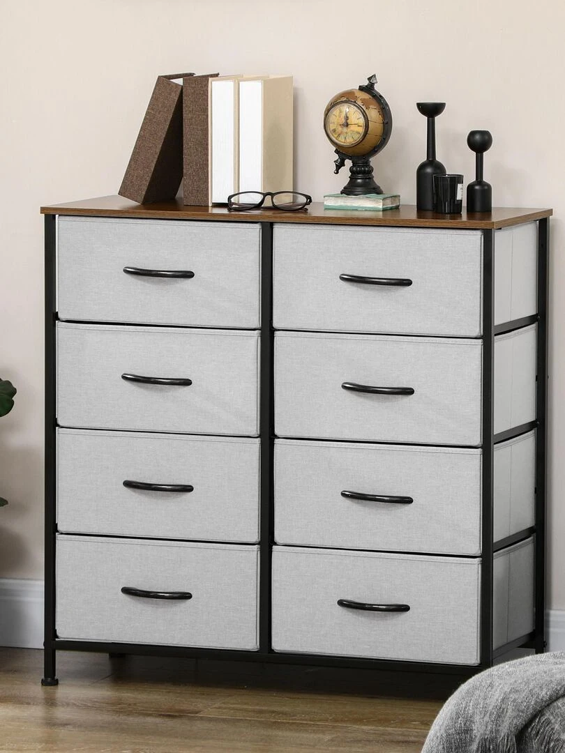 Commode 8 tiroirs pliables acier noir aspect bois non tissé gris Gris
