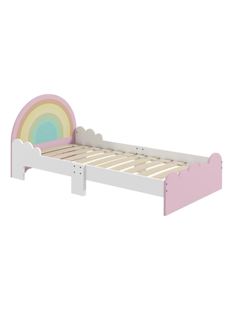 Lit enfant design girly motifs arc en ciel nuages avec sommier à lattes rose blanc Rose