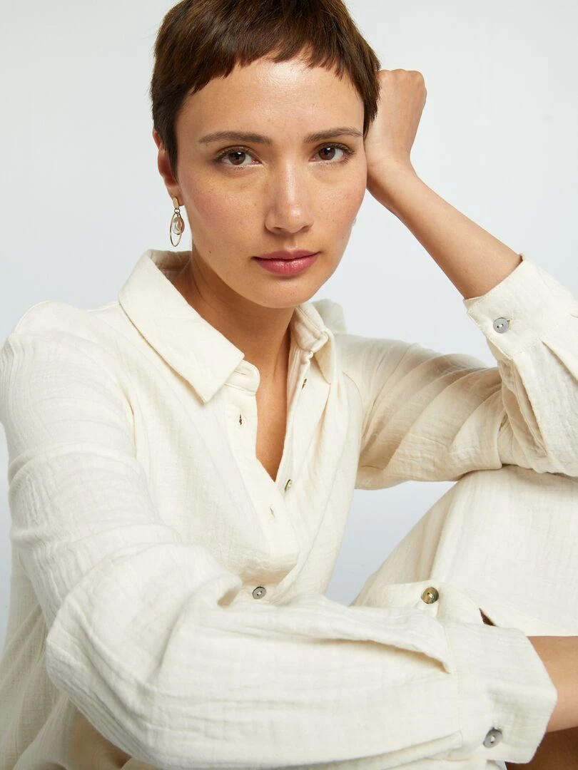 Robe longue forme chemise en double gaze de coton   Blanc