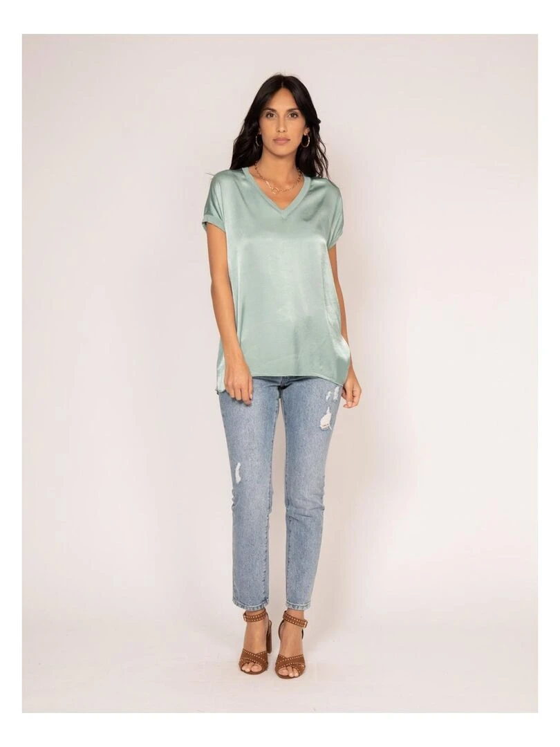 T shirt col V satin FENTA   Vert