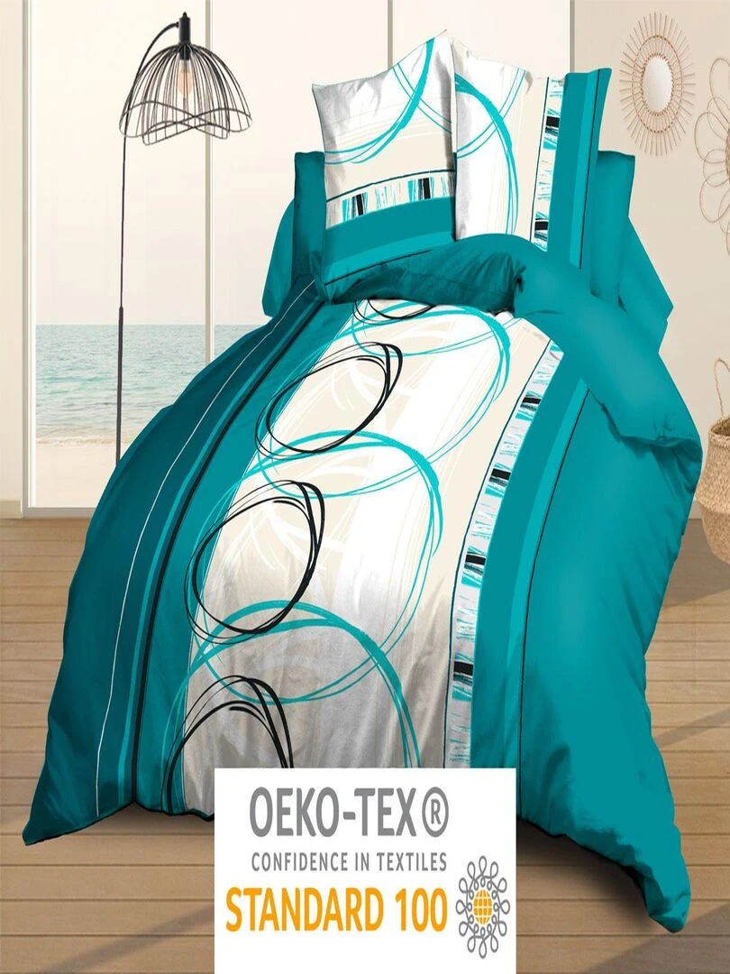 Housse de couette 240x260 + 2 taies Microfibre   Entretien Facile   Roue libre turquoise   Bleu turquoise