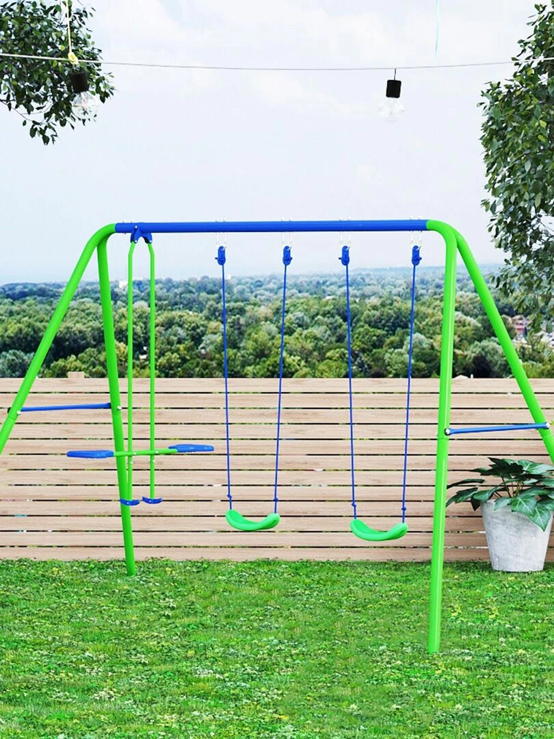 Balançoire 3 agrès portique avec 2 balançoires et face à face vert bleu   Vert