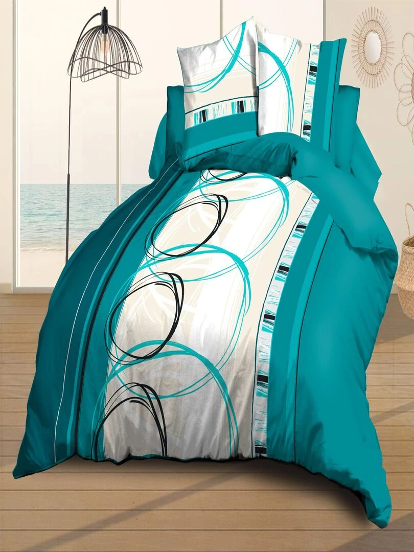 Housse de couette 240x260 + 2 taies Microfibre Entretien Facile Roue libre turquoise Bleu turquoise
