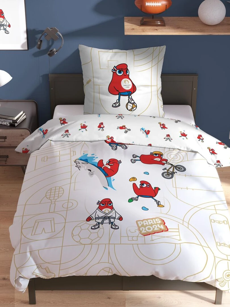 Parure de lit imprimée 100% coton PARIS 2024 MASCOTTE OLYMPIQUE SPORT Blanc