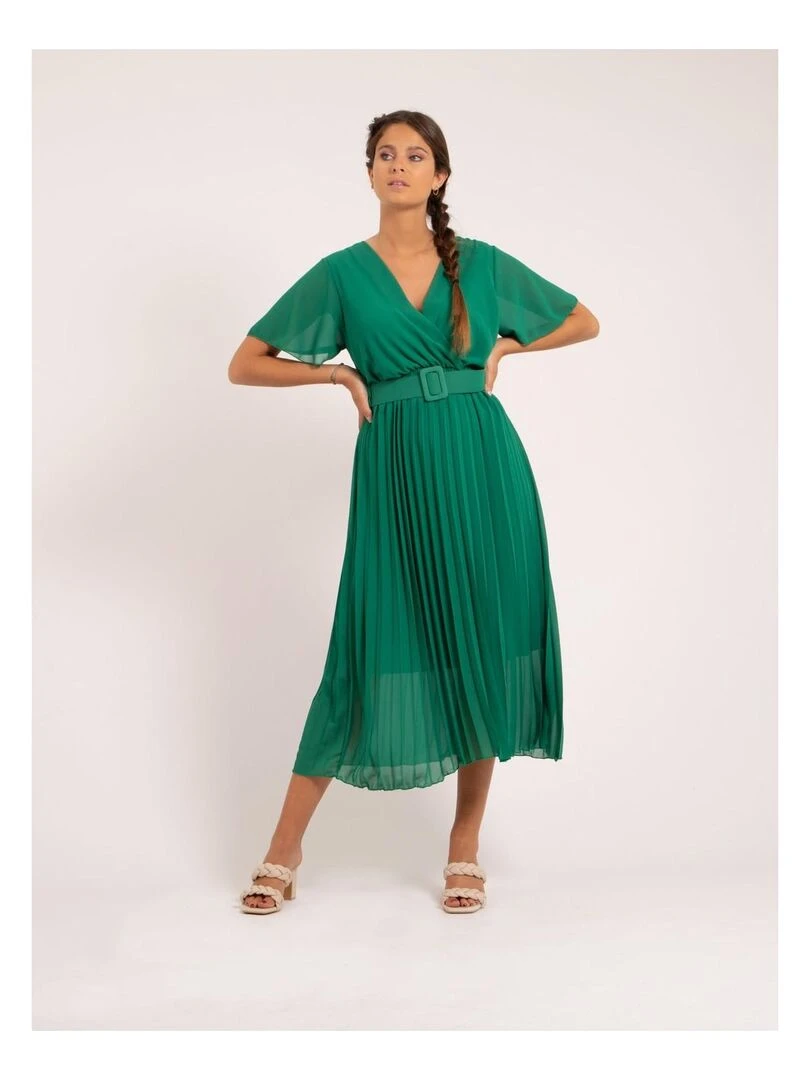 Robe midi plissée et ceinture ISALA   Vert