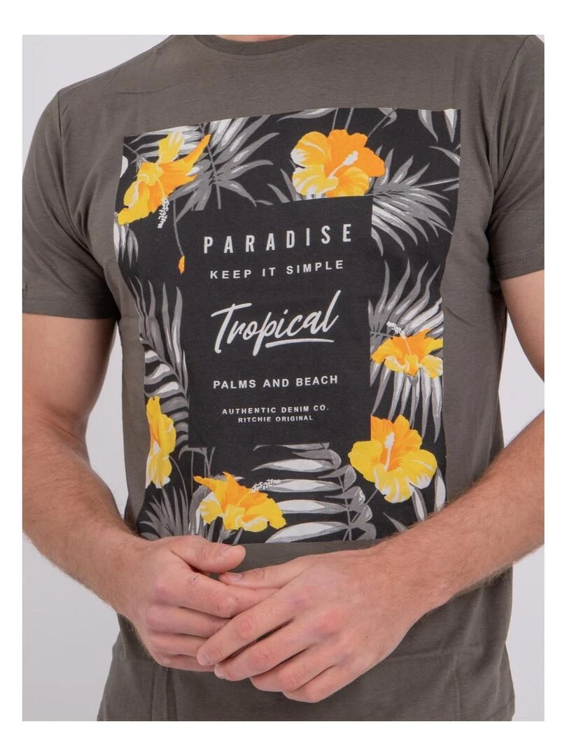 T shirt manches courtes col rond pur coton NOCTAVIO   Kaki