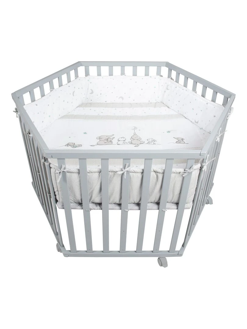 ROBA Parc Bébé Hexagonal en Bois "Sternenzauber" + Tapis de Parc Hauteur Réglable Gris Blanc