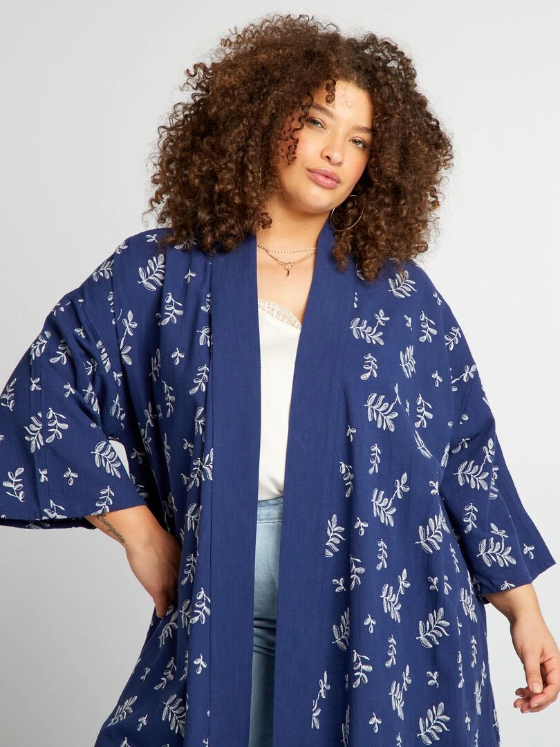 Veste type kimono avec broderie Bleu marine