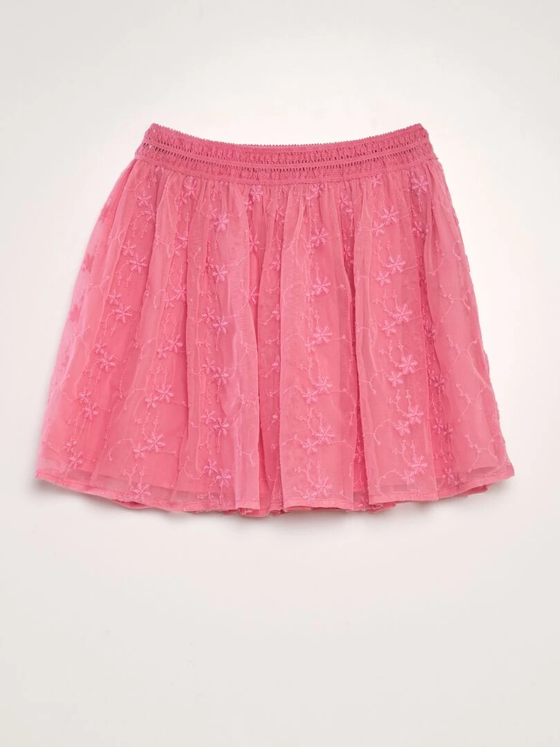 Jupe évasée en tulle brodé rose