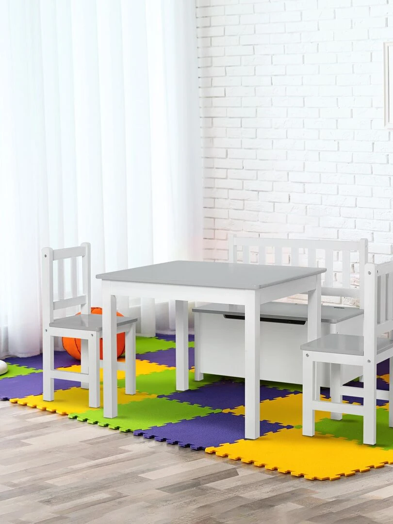 Ensemble table chaises enfant   set de 4 pcs   table  2 chaises  banc coffre 2 en 1   MDF pin   Gris