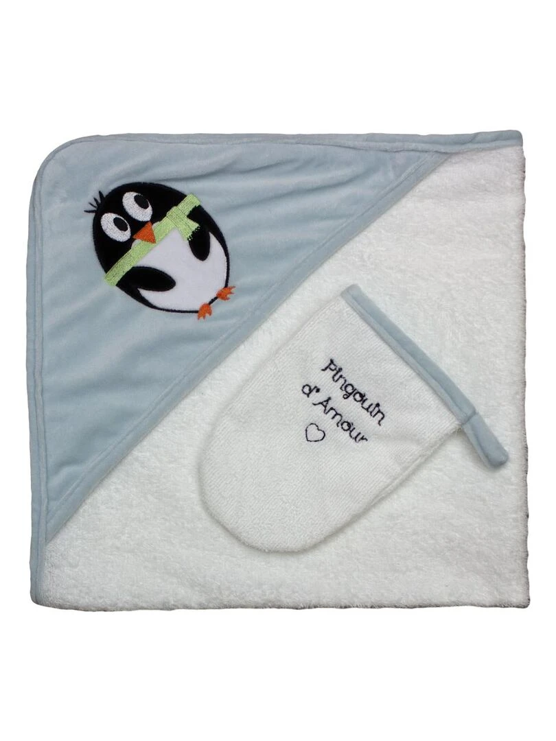 Sortie de bain + Gant "PINGOUIN" LES CHATOUNETS Bleu