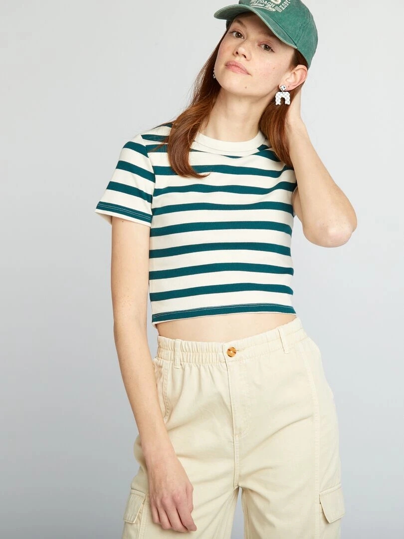 Tee shirt crop top marinière Blanc/vert