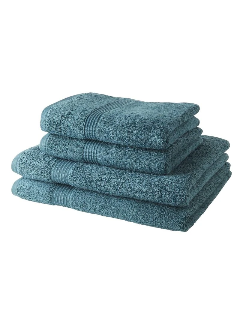 Lot de 2 serviettes de toilettes et 2 draps de bain coton uni ESSENTIAL Bleu pétrole