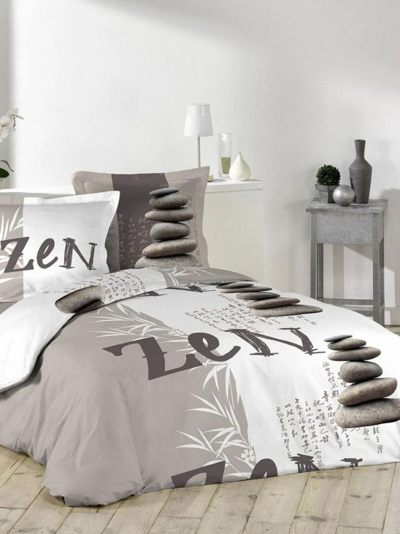 Housse de couette 240x220 + 2 taies Galets Zen coton 42 fils Gris