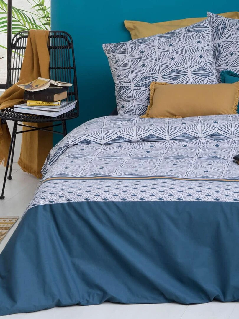 Parure de couette en percale de coton aux motifs texturés Bleu