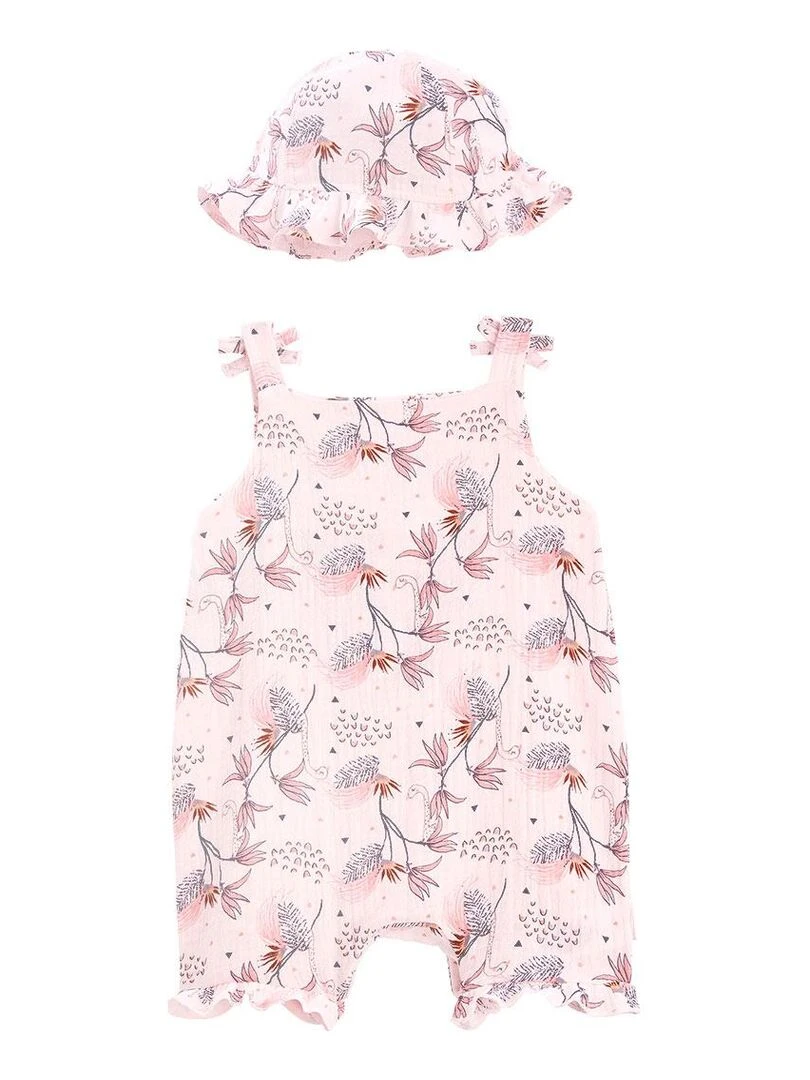 Barboteuse bébé et chapeau en gaze de coton Exotic Bird Rose