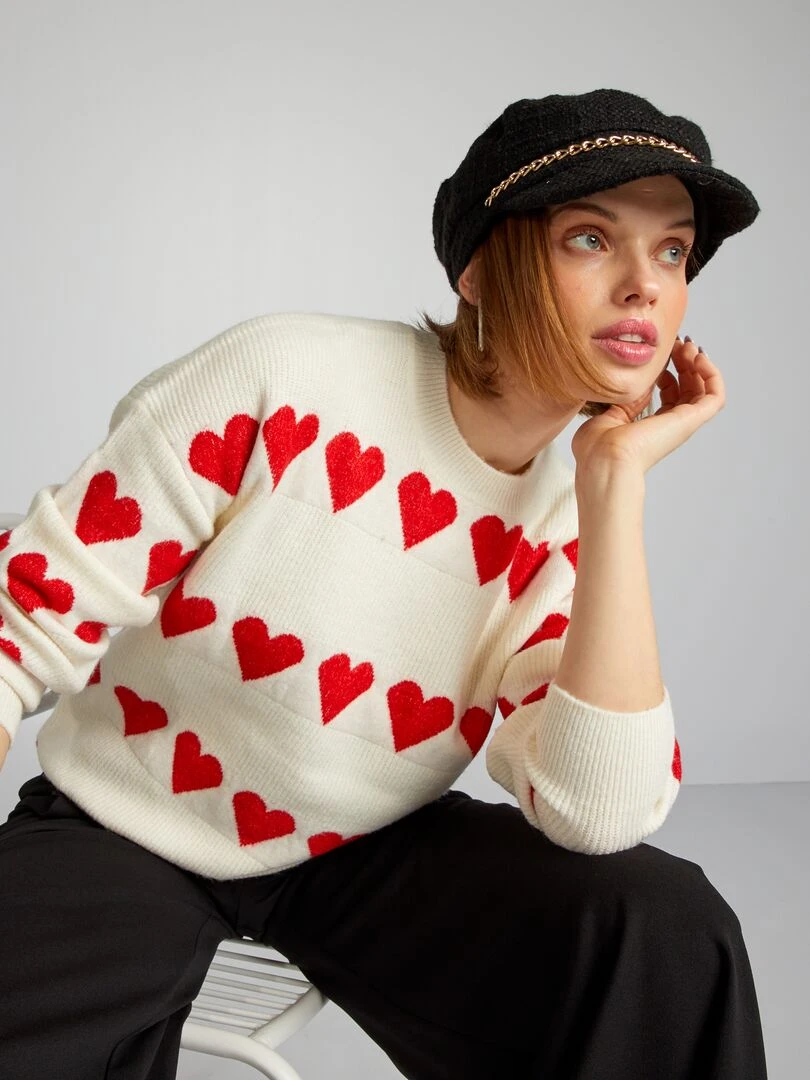 Pull en maille 'cœur' Blanc/rouge