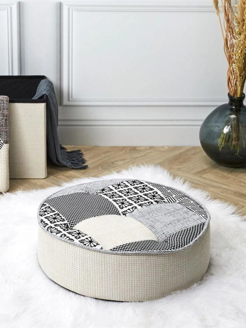 Pouf rond Patchwork gris 50 cm   Gris