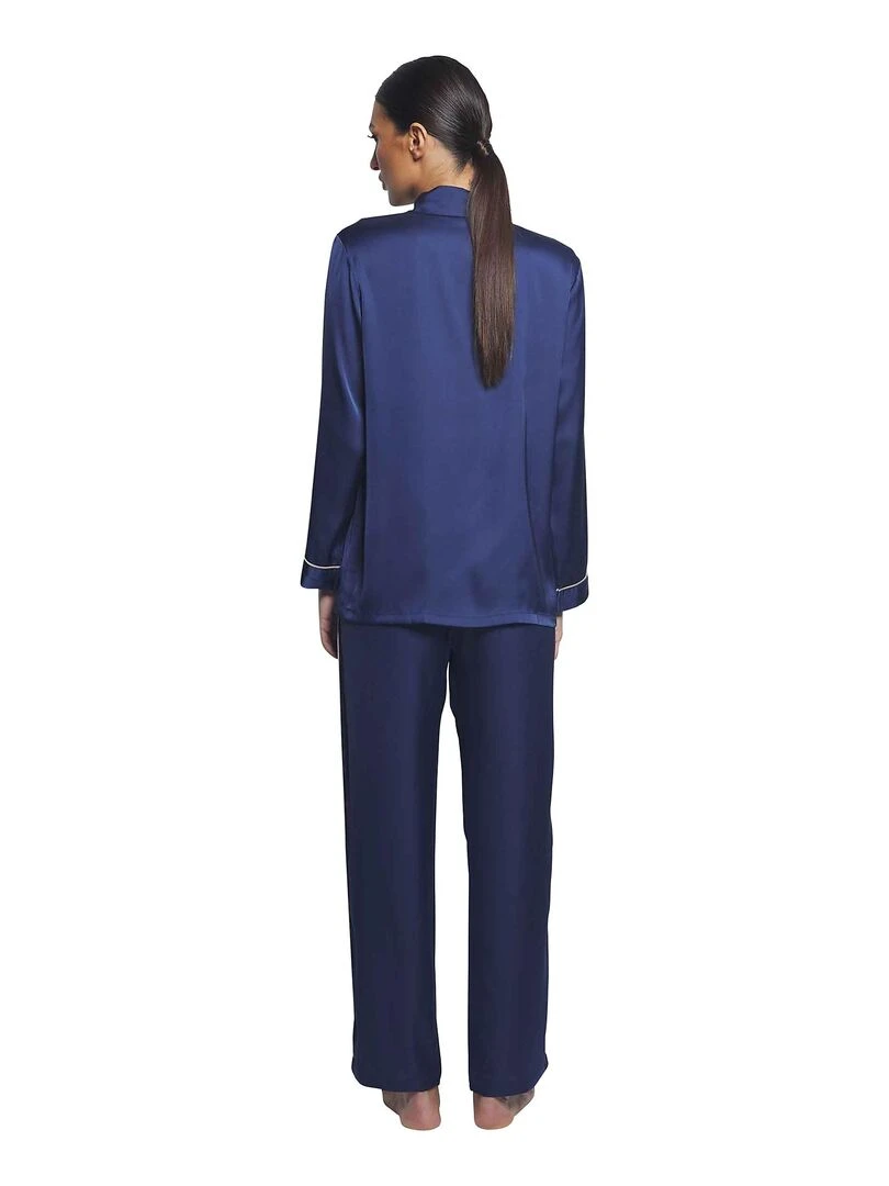Pyjama pantalon chemise manches longues Satin Bleu marine