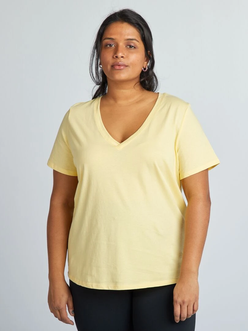 T shirt en jersey à col V Jaune
