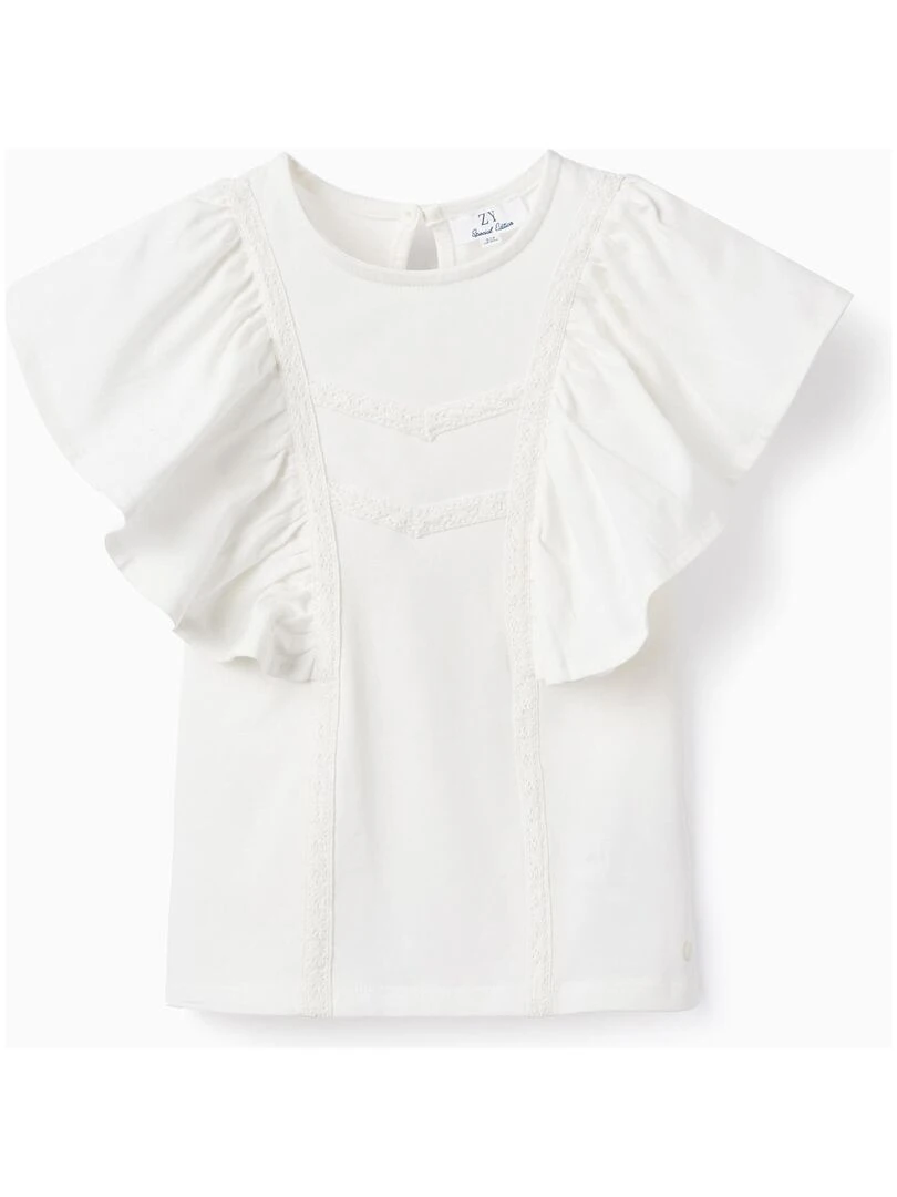 T shirt avec Volants et Dentelle pour Fille manches courtes Blanc