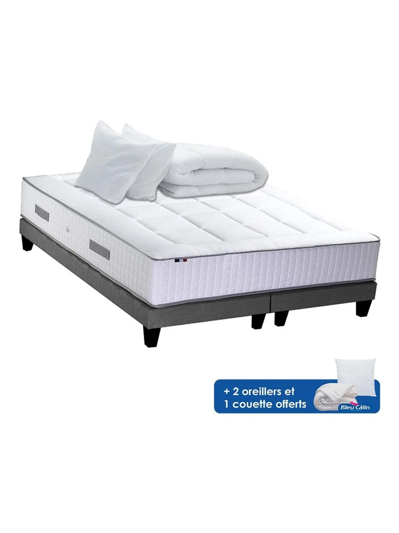 Ensemble matelas Ressort 7 zones + sommier + oreiller + couette FABRICATION FRANCAISE Blanc